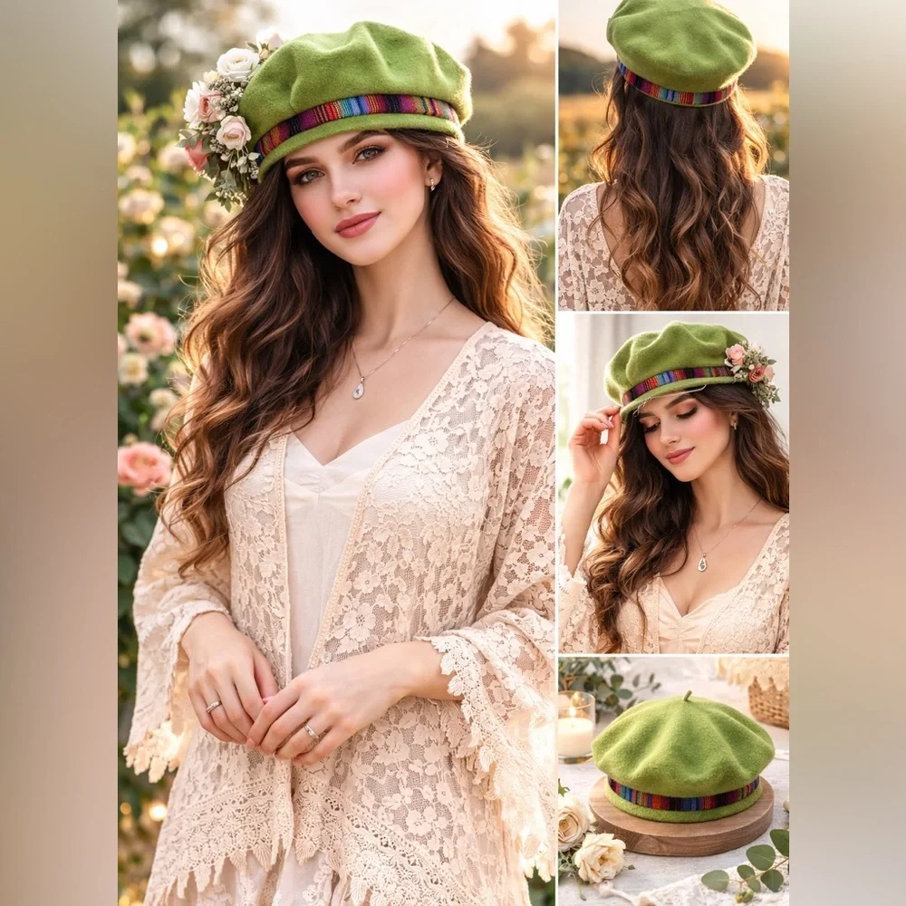 Lime‎ Green Wool Beret with Rainbow Trim Festival Fairy Grunge